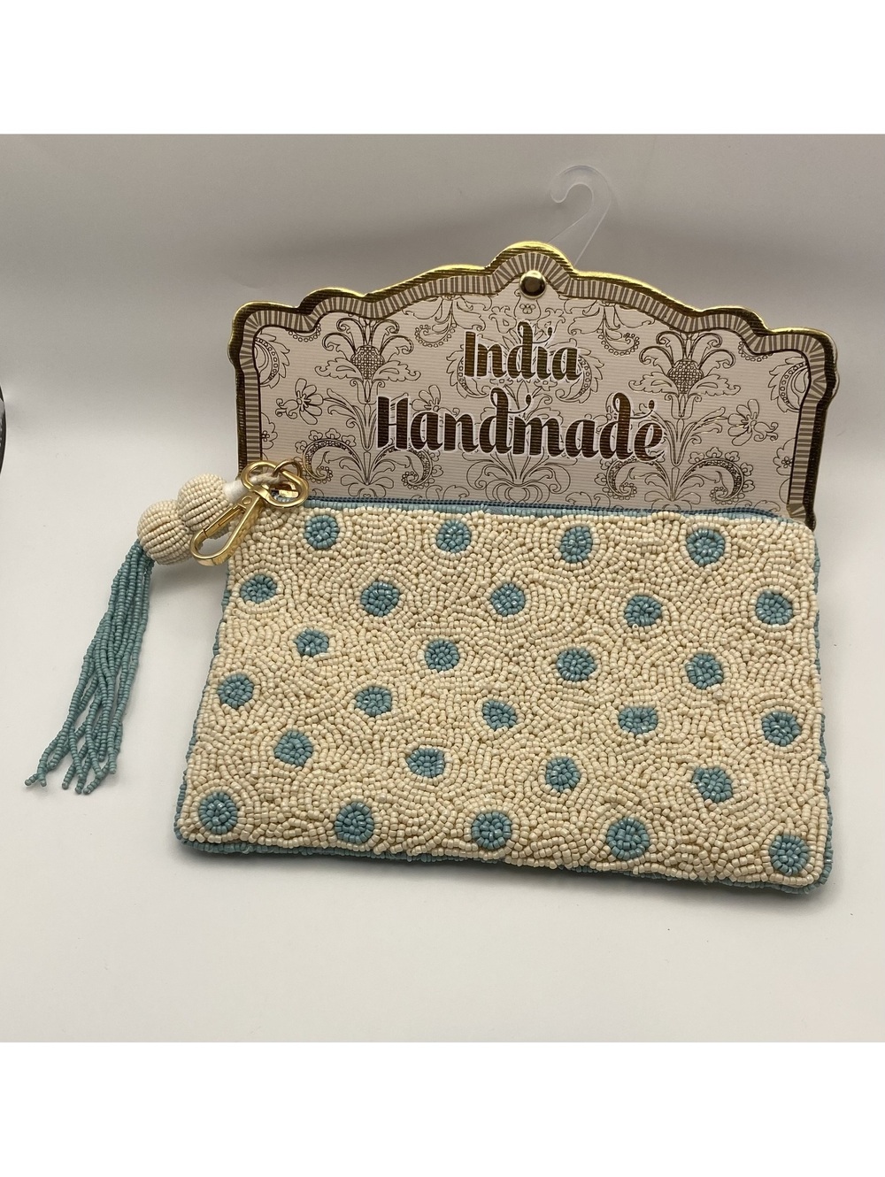 India Handmade Beaded Polka Dot Clutch Purse with Tassel